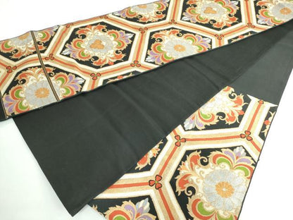 平和屋着物◎六通柄袋帯 亀甲花文 黒地 金銀糸 正絹 逸品 DABE0353ya