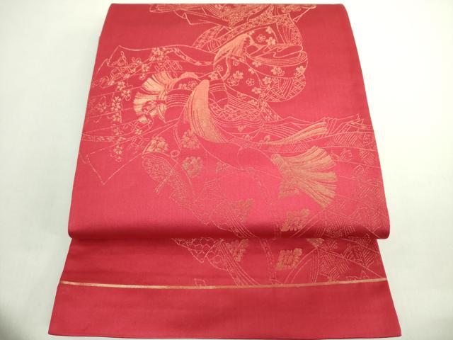 平和屋着物◎両面 全通柄袋帯 女人文 金糸 正絹 逸品 DABE0362ya