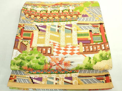平和屋着物◎六通柄袋帯 風景文 金糸 正絹 逸品 DABE0366ya