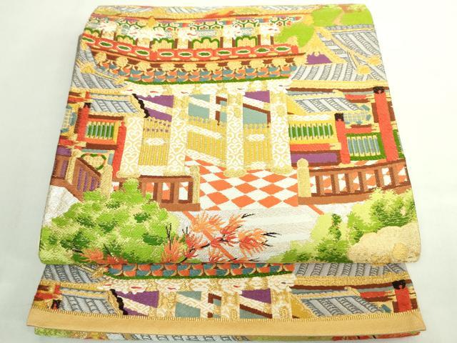 平和屋着物◎六通柄袋帯 風景文 金糸 正絹 逸品 DABE0366ya