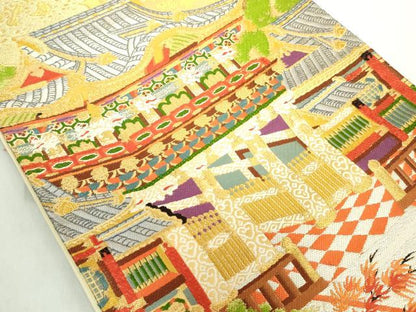 平和屋着物◎六通柄袋帯 風景文 金糸 正絹 逸品 DABE0366ya