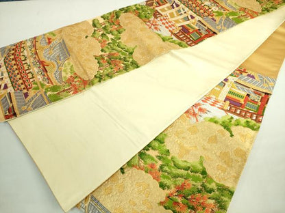 平和屋着物◎六通柄袋帯 風景文 金糸 正絹 逸品 DABE0366ya