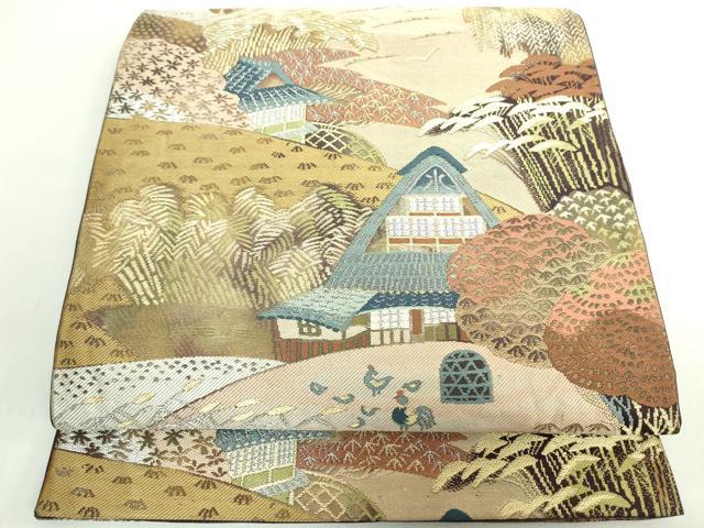 平和屋着物◎六通柄袋帯 風景文 金糸 正絹 逸品 DABE0375ya
