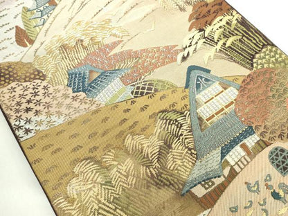 平和屋着物◎六通柄袋帯 風景文 金糸 正絹 逸品 DABE0375ya