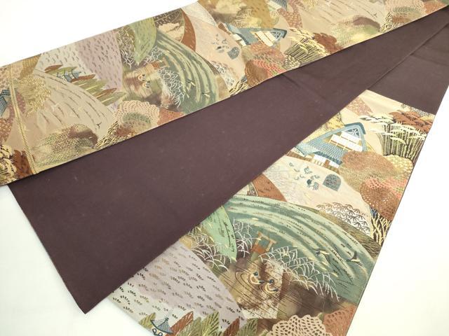 平和屋着物◎六通柄袋帯 風景文 金糸 正絹 逸品 DABE0375ya