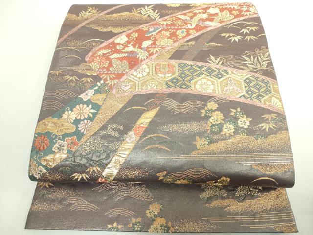 平和屋着物◎六通柄袋帯 宝尽くし花文 金糸 正絹 逸品 DABE0385ya