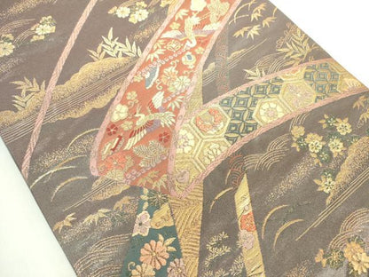 平和屋着物◎六通柄袋帯 宝尽くし花文 金糸 正絹 逸品 DABE0385ya