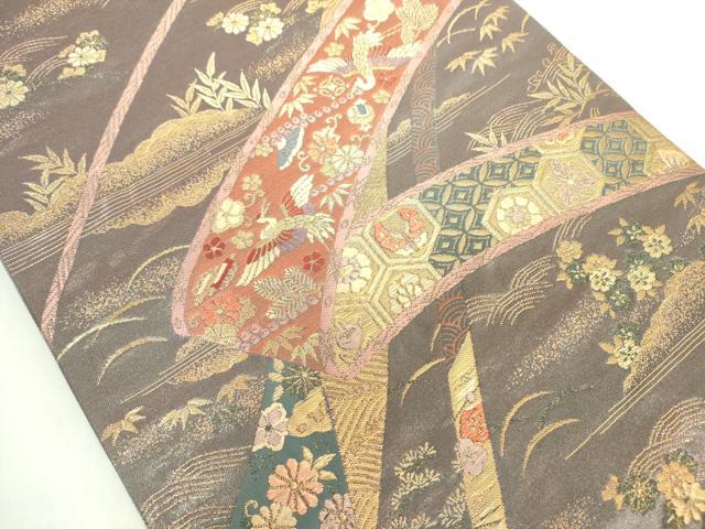 平和屋着物◎六通柄袋帯 宝尽くし花文 金糸 正絹 逸品 DABE0385ya
