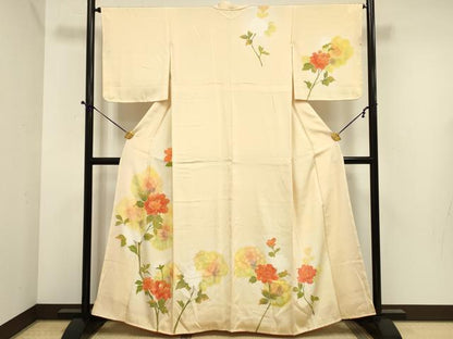 平和屋着物■訪問着 手描き 駒刺繍 草花文 正絹 逸品 DABE0397ya