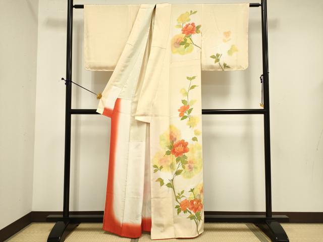 平和屋着物■訪問着 手描き 駒刺繍 草花文 正絹 逸品 DABE0397ya