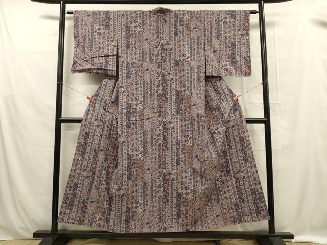 平和屋着物■上質な小紋 紬地 更紗花蝶間道 正絹 逸品 DABE0416ya