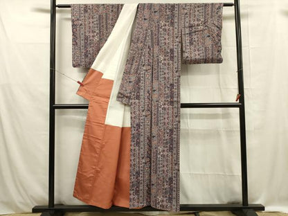 平和屋着物■上質な小紋 紬地 更紗花蝶間道 正絹 逸品 DABE0416ya