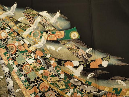 平和屋着物■豪華黒留袖 駒刺繍 飛鶴吉祥文 金彩 正絹 逸品 DABE0438ya