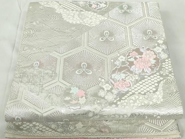 平和屋着物◎六通柄袋帯 唐織 切嵌雪輪花文 銀糸 正絹 逸品 DABE0521qa