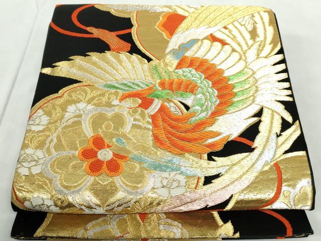平和屋着物◎六通柄袋帯 唐織 花鳥文 黒地 金銀糸 正絹 逸品 DABE0538qa