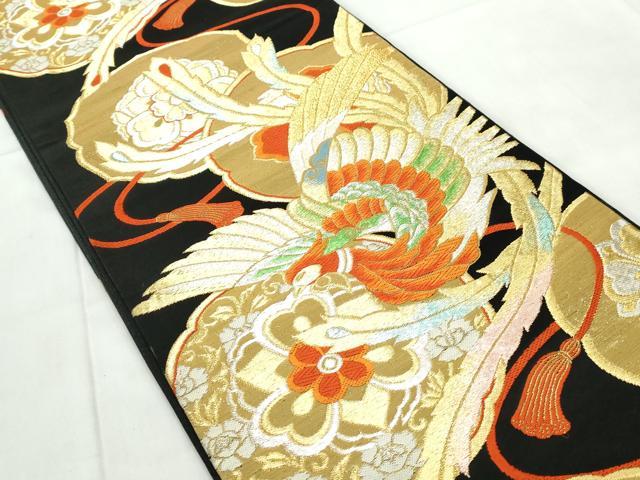 平和屋着物◎六通柄袋帯 唐織 花鳥文 黒地 金銀糸 正絹 逸品 DABE0538qa