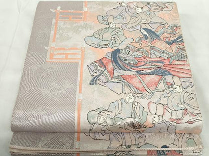 平和屋着物◎六通柄袋帯 唐織 立波人物文 九百錦 銀糸 正絹 逸品 DABE0545qa