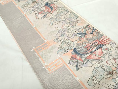 平和屋着物◎六通柄袋帯 唐織 立波人物文 九百錦 銀糸 正絹 逸品 DABE0545qa