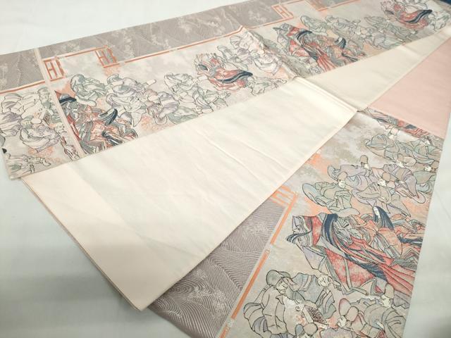 平和屋着物◎六通柄袋帯 唐織 立波人物文 九百錦 銀糸 正絹 逸品 DABE0545qa
