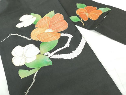 平和屋着物◎九寸名古屋帯　枝椿文　黒地　金銀糸　正絹　逸品　DABE0547qa
