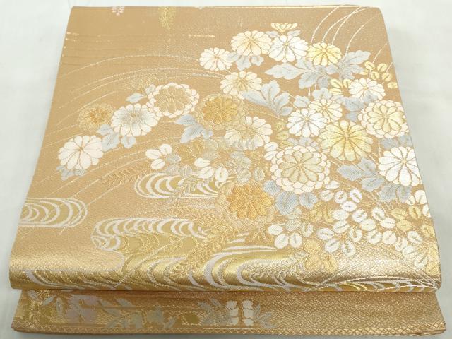 平和屋着物◎六通柄袋帯　流水草花文　金銀糸　正絹　逸品　DABE0557qa