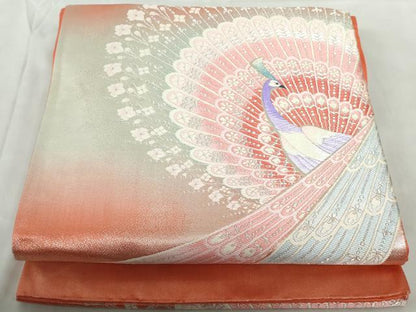 平和屋着物◎六通柄袋帯　唐織　孔雀文　銀糸　正絹　逸品　DABE0561qa