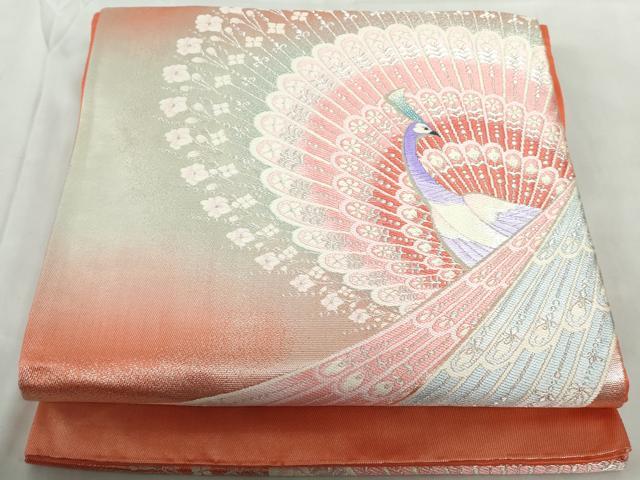 平和屋着物◎六通柄袋帯　唐織　孔雀文　銀糸　正絹　逸品　DABE0561qa