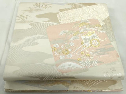 平和屋着物◎六通柄袋帯　唐織　破れ色紙御所車花文　金銀糸　正絹　逸品　DABE0568qa