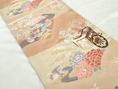平和屋着物◎六通柄袋帯　唐織　鴛鴦御所車花文　金糸　正絹　逸品　DABE0575qa