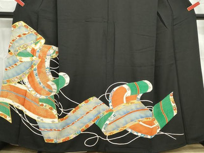平和屋着物■豪華黒留袖　駒刺繍　絵巻花文　金彩　正絹　逸品　DABE0586qa