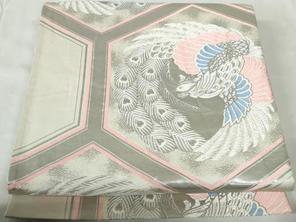 平和屋着物◎六通柄袋帯　唐織　プラチナ箔　亀甲孔雀文　正絹　逸品　DABE0622qa