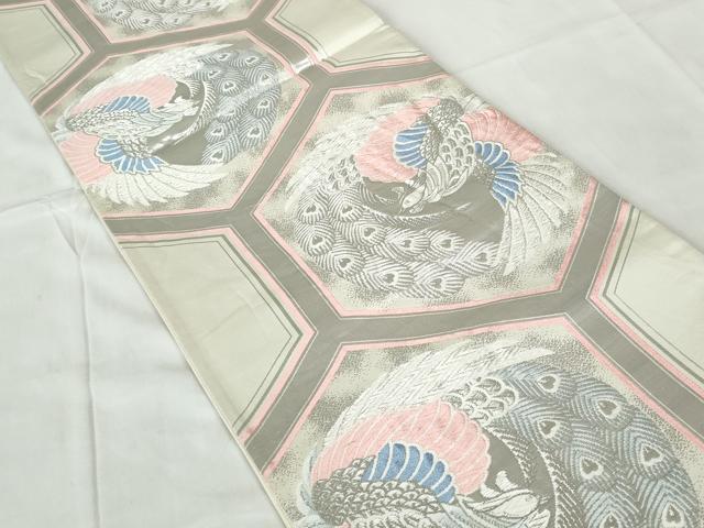 平和屋着物◎六通柄袋帯　唐織　プラチナ箔　亀甲孔雀文　正絹　逸品　DABE0622qa