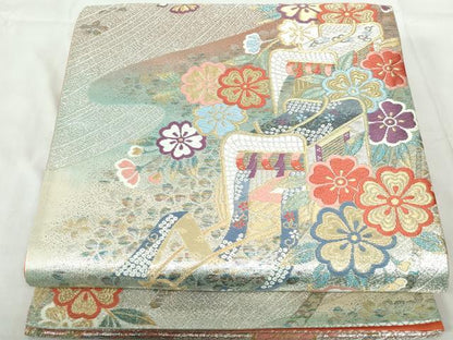 平和屋着物◎六通柄袋帯　唐織　流水御所車花文　金銀糸　正絹　逸品　DABE0672qa