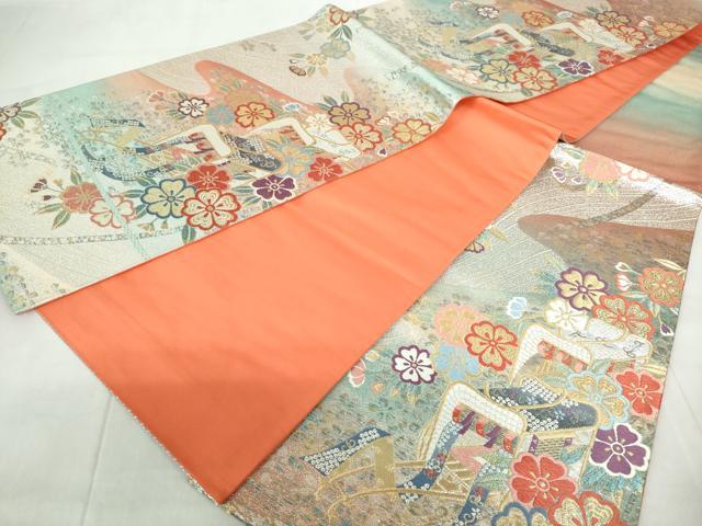 平和屋着物◎六通柄袋帯　唐織　流水御所車花文　金銀糸　正絹　逸品　DABE0672qa