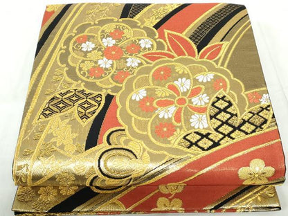 平和屋着物◎六通柄袋帯　唐織　舞花文　黒地　金銀糸　正絹　逸品　DABE0679qa