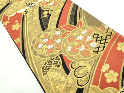 平和屋着物◎六通柄袋帯　唐織　舞花文　黒地　金銀糸　正絹　逸品　DABE0679qa