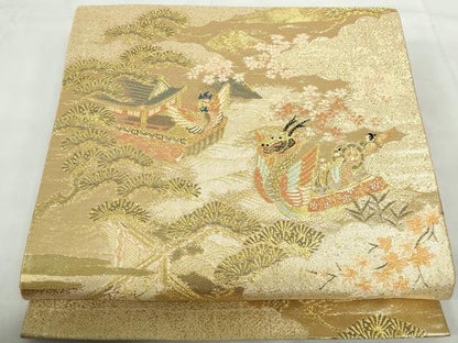 平和屋着物◎六通柄袋帯　唐織　人物風景文　金糸　正絹　逸品　DABE0686qa