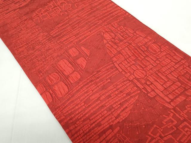 平和屋着物◎全通柄袋帯　ふくれ織　幾何学文　正絹　逸品　DABE0690qa