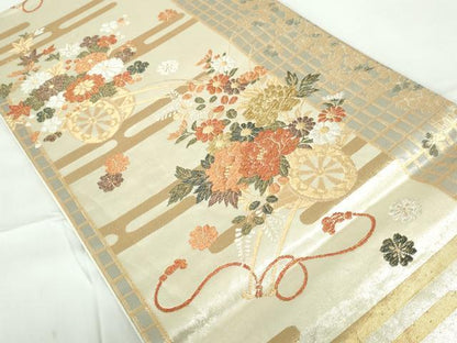 平和屋着物◎六通柄袋帯　花車間道　金銀糸　正絹　逸品　DABE0697qa