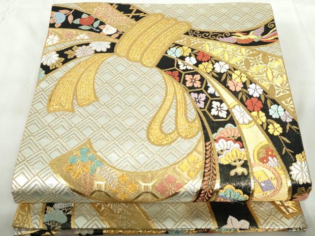 平和屋着物◎六通柄袋帯　唐織　束ね熨斗花蝶丸文　ラメ糸　金銀糸　正絹　逸品　DABE0701qa