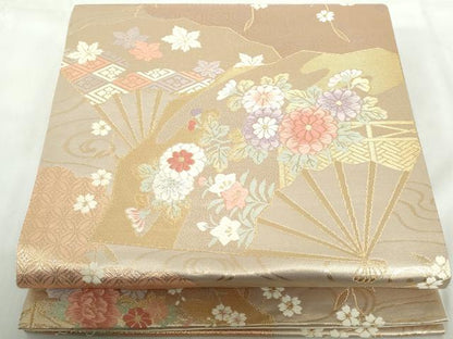 平和屋着物◎六通柄袋帯 唐織 流水扇面花文 金銀糸 正絹 逸品 DABE0703qa