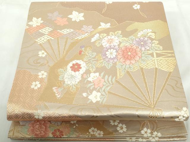 平和屋着物◎六通柄袋帯 唐織 流水扇面花文 金銀糸 正絹 逸品 DABE0703qa