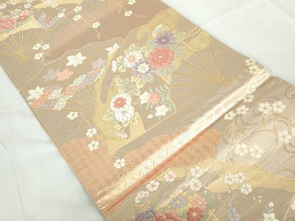 平和屋着物◎六通柄袋帯 唐織 流水扇面花文 金銀糸 正絹 逸品 DABE0703qa