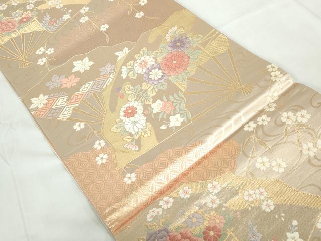 平和屋着物◎六通柄袋帯 唐織 流水扇面花文 金銀糸 正絹 逸品 DABE0703qa