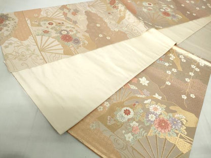 平和屋着物◎六通柄袋帯 唐織 流水扇面花文 金銀糸 正絹 逸品 DABE0703qa