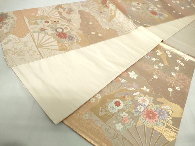 平和屋着物◎六通柄袋帯 唐織 流水扇面花文 金銀糸 正絹 逸品 DABE0703qa