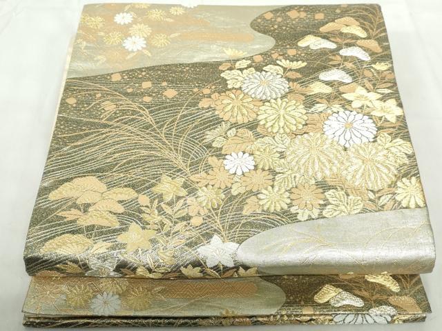 平和屋着物◎九百佐賀錦　六通柄袋帯　蒔絵　流水草花文　金銀糸　正絹　逸品　DABE0704qa
