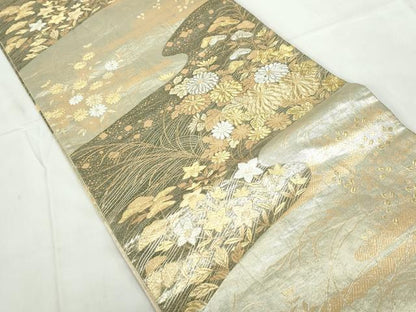 平和屋着物◎九百佐賀錦　六通柄袋帯　蒔絵　流水草花文　金銀糸　正絹　逸品　DABE0704qa