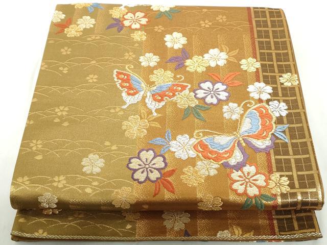 平和屋着物◎六通柄袋帯　唐織　花蝶間道　金銀糸　正絹　逸品　DABE0707qa