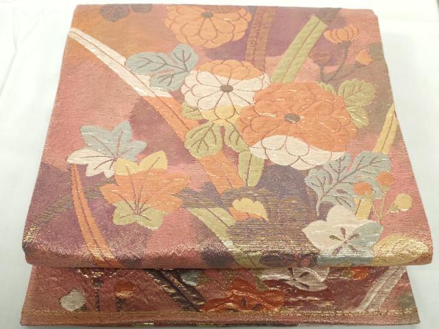 平和屋着物◎六通柄袋帯　ふくれ織　草花文　金糸　正絹　逸品　DABE0708qa